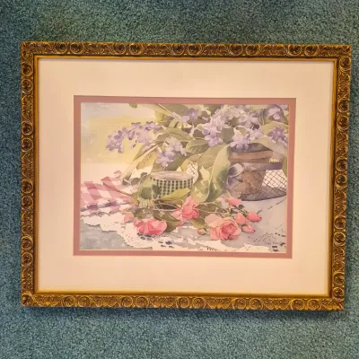 LOT 23W: Set of 2 Framed Floral Cottagecore Art Prints Signed