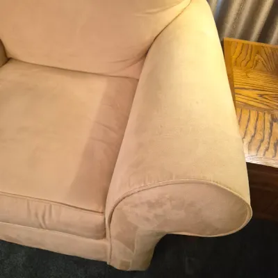 LOT 26L: Broyhill Pale Yellow Microfiber Chair & Storage Ottoman with Side Table & Lamp
