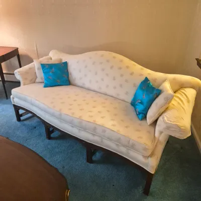 LOT 22W: Vintage Camelback Sofa with Hand-Carved Details & French Provincial Style Coffee Table