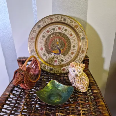 LOT 17X: Vintage Wicker 3-Tier Shelf with Collection of Trinkets