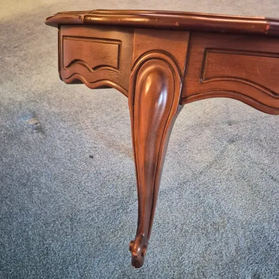 LOT 22W: Vintage Camelback Sofa with Hand-Carved Details & French Provincial Style Coffee Table