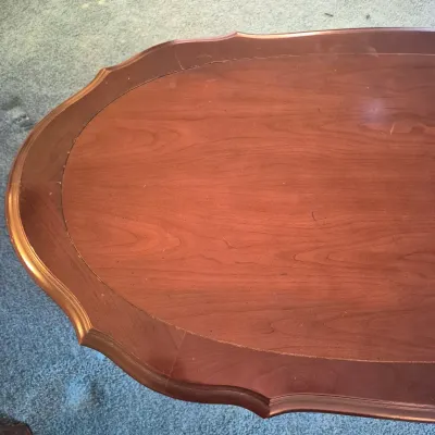 LOT 22W: Vintage Camelback Sofa with Hand-Carved Details & French Provincial Style Coffee Table