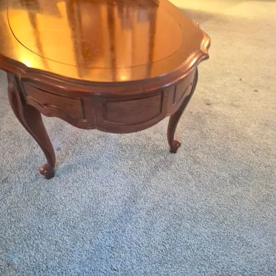 LOT 22W: Vintage Camelback Sofa with Hand-Carved Details & French Provincial Style Coffee Table