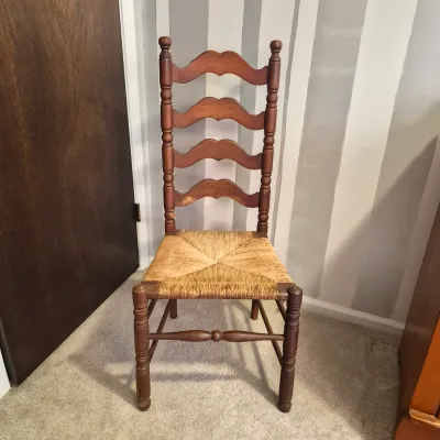 LOT 16X: Ladder-Back Rush Seat Chair with Collection of Vintage Linens