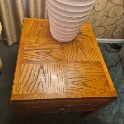 LOT 26L: Broyhill Pale Yellow Microfiber Chair & Storage Ottoman with Side Table & Lamp