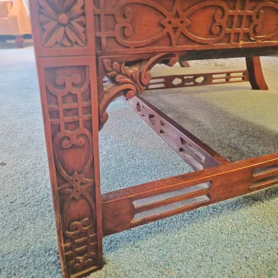 LOT 22W: Vintage Camelback Sofa with Hand-Carved Details & French Provincial Style Coffee Table