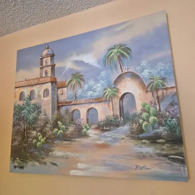 LOT 19W: Original Oil Painting of Spanish Mission-Style Architecture Signed