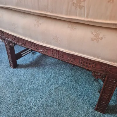 LOT 22W: Vintage Camelback Sofa with Hand-Carved Details & French Provincial Style Coffee Table
