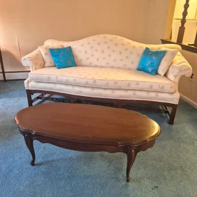 LOT 22W: Vintage Camelback Sofa with Hand-Carved Details & French Provincial Style Coffee Table