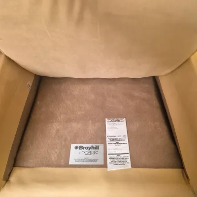 LOT 26L: Broyhill Pale Yellow Microfiber Chair & Storage Ottoman with Side Table & Lamp
