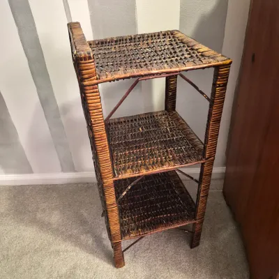 LOT 17X: Vintage Wicker 3-Tier Shelf with Collection of Trinkets
