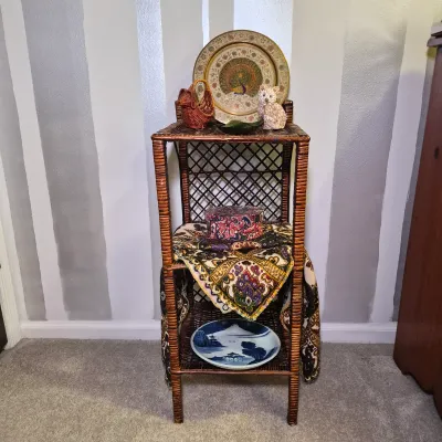 LOT 17X: Vintage Wicker 3-Tier Shelf with Collection of Trinkets