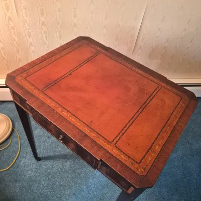 LOT 21W: Vintage Wooden Leather-Top Side Table with Drawer
