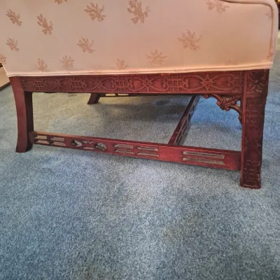 LOT 22W: Vintage Camelback Sofa with Hand-Carved Details & French Provincial Style Coffee Table