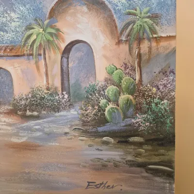 LOT 19W: Original Oil Painting of Spanish Mission-Style Architecture Signed