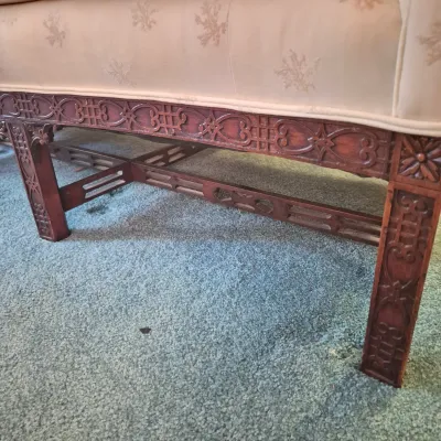 LOT 22W: Vintage Camelback Sofa with Hand-Carved Details & French Provincial Style Coffee Table
