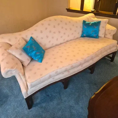 LOT 22W: Vintage Camelback Sofa with Hand-Carved Details & French Provincial Style Coffee Table