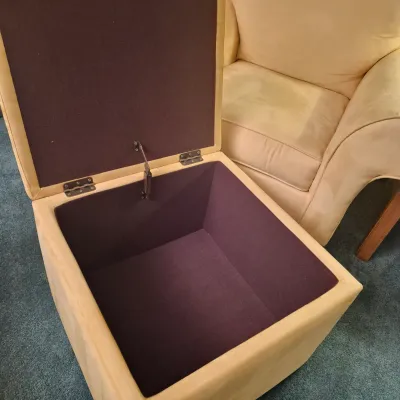 LOT 26L: Broyhill Pale Yellow Microfiber Chair & Storage Ottoman with Side Table & Lamp