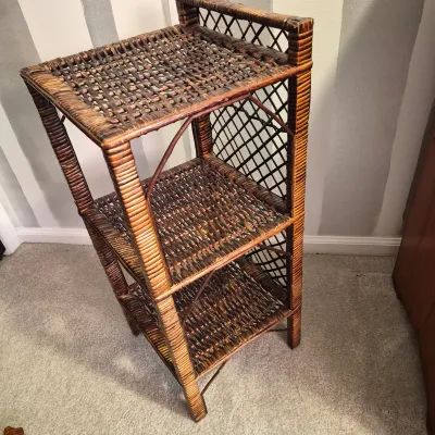 LOT 17X: Vintage Wicker 3-Tier Shelf with Collection of Trinkets