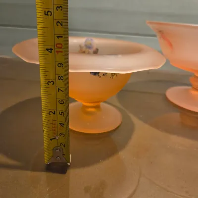 Sale Photo Thumbnail #320: Old Floral Painted Pink satin footed bowls and mayo spoon. Acid etched satin glass