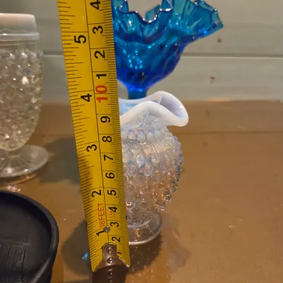 Sale Photo Thumbnail #335: Old Black satin advertising piece, moonstone goblet, Fenton french opalescent vase and a gorgeous turquoise Fenton Thumbprint Compote