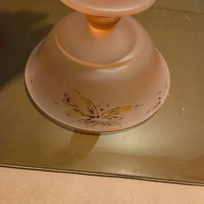 Sale Photo Thumbnail #328: Old Floral Painted Pink satin footed bowls and mayo spoon. Acid etched satin glass