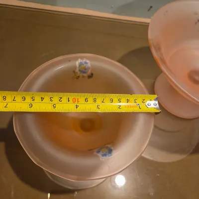 Sale Photo Thumbnail #321: Old Floral Painted Pink satin footed bowls and mayo spoon. Acid etched satin glass