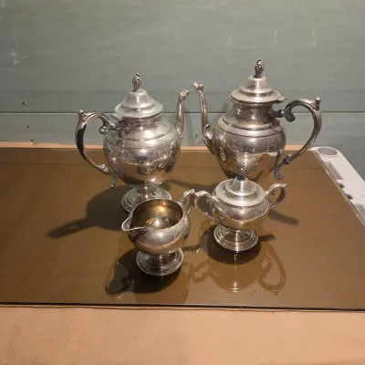 Sale Photo Thumbnail #217: Cream and sugar, Teapot and Coffee Pot in Silver Plate - Rogers. Notice the lid on the Coffee Pot