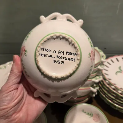 Pink and White Floral Dish Set from Portugal