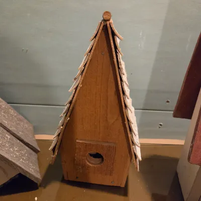 Sale Photo Thumbnail #374: Made locally, 4 birdhouses and a "canoe" basket