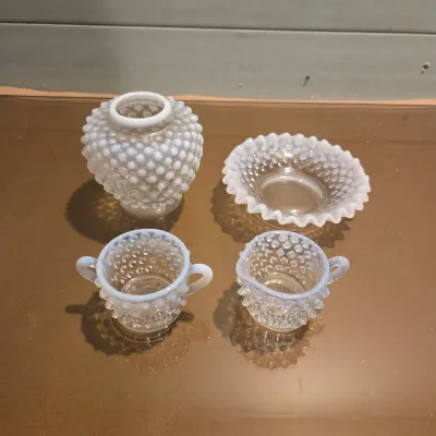 Sale Photo Thumbnail #260: First Lot of Fenton French Opalescent. Small Ginger Jar, Small cream and Sugar and a cute little ruffled dish