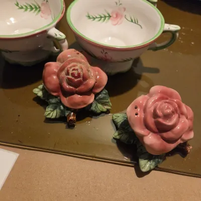 Pink and White Floral Dish Set from Portugal