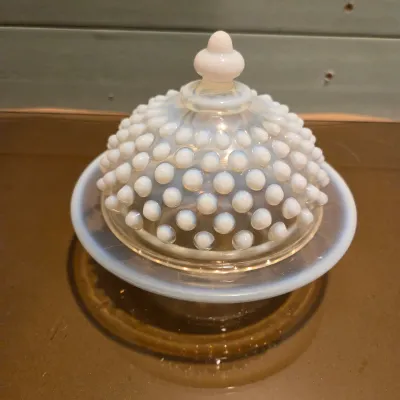Sale Photo Thumbnail #277: Last Lot of French Opalescent Lot 3 - Pair of Salt and Pepper Shakers with their Plastic Lids! 
Gorgeous Butter Dish - I don't believe that to be Fenton, maybe Northwood