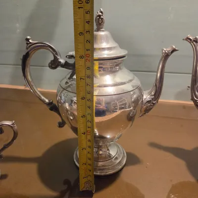 Sale Photo Thumbnail #221: Cream and sugar, Teapot and Coffee Pot in Silver Plate - Rogers. Notice the lid on the Coffee Pot