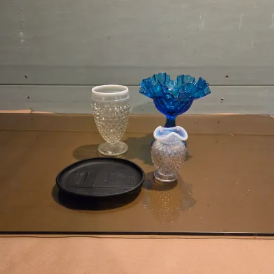 Sale Photo Thumbnail #331: Old Black satin advertising piece, moonstone goblet, Fenton french opalescent vase and a gorgeous turquoise Fenton Thumbprint Compote