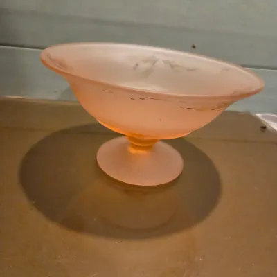 Sale Photo Thumbnail #324: Old Floral Painted Pink satin footed bowls and mayo spoon. Acid etched satin glass
