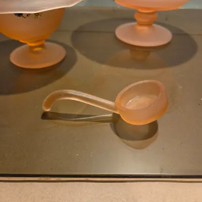 Sale Photo Thumbnail #316: Old Floral Painted Pink satin footed bowls and mayo spoon. Acid etched satin glass