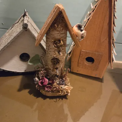 Sale Photo Thumbnail #372: Made locally, 4 birdhouses and a "canoe" basket