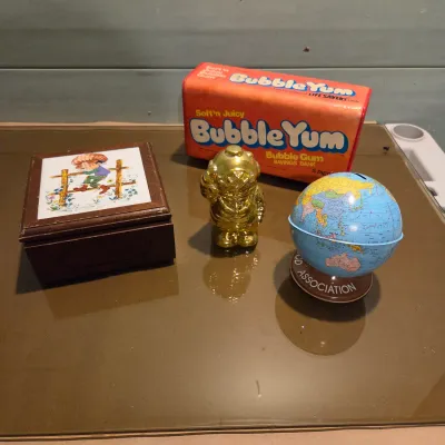 Sale Photo Thumbnail #350: Bubble Yum, Astronaut and globe banks. all have their stoppers. Small Tile Jewelry box