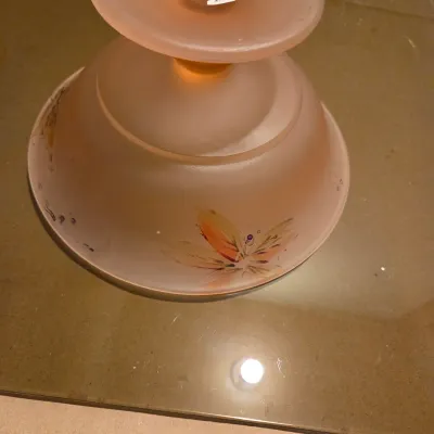 Sale Photo Thumbnail #327: Old Floral Painted Pink satin footed bowls and mayo spoon. Acid etched satin glass