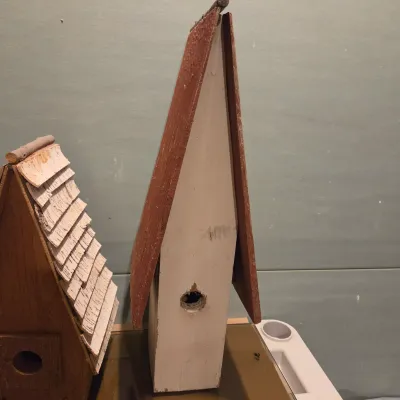 Sale Photo Thumbnail #370: Made locally, 4 birdhouses and a "canoe" basket