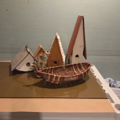 Sale Photo Thumbnail #367: Made locally, 4 birdhouses and a "canoe" basket
