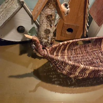 Sale Photo Thumbnail #368: Made locally, 4 birdhouses and a "canoe" basket