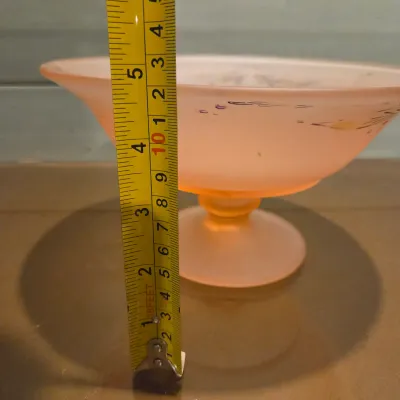 Sale Photo Thumbnail #325: Old Floral Painted Pink satin footed bowls and mayo spoon. Acid etched satin glass