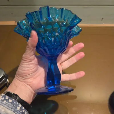 Sale Photo Thumbnail #342: Old Black satin advertising piece, moonstone goblet, Fenton french opalescent vase and a gorgeous turquoise Fenton Thumbprint Compote