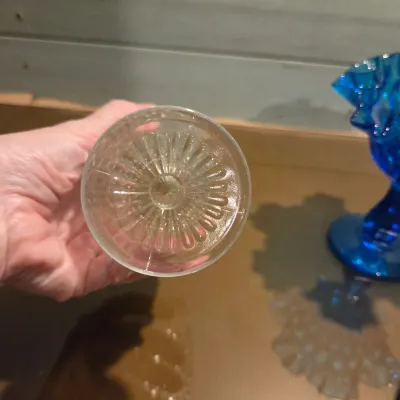 Sale Photo Thumbnail #338: Old Black satin advertising piece, moonstone goblet, Fenton french opalescent vase and a gorgeous turquoise Fenton Thumbprint Compote