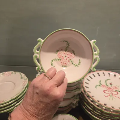 Pink and White Floral Dish Set from Portugal