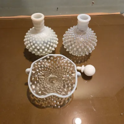 Sale Photo Thumbnail #268: Pair of Barber Bottles - one stopper missing the cork. 2 handled Trinket Dish