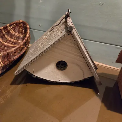Sale Photo Thumbnail #377: Made locally, 4 birdhouses and a "canoe" basket