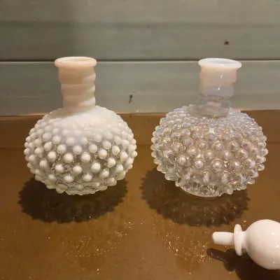 Sale Photo Thumbnail #271: Pair of Barber Bottles - one stopper missing the cork. 2 handled Trinket Dish